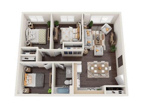 a 3d floor plan of a 1 bedroom apartment